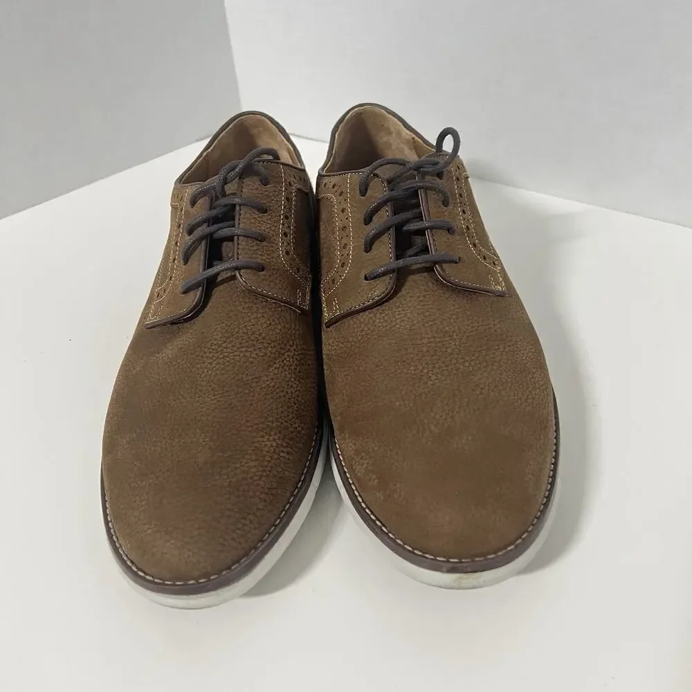Johnston Murphy Men 10M Holden Plain Toe Brown Tumbled Nubuck Oxfords Sheepskin